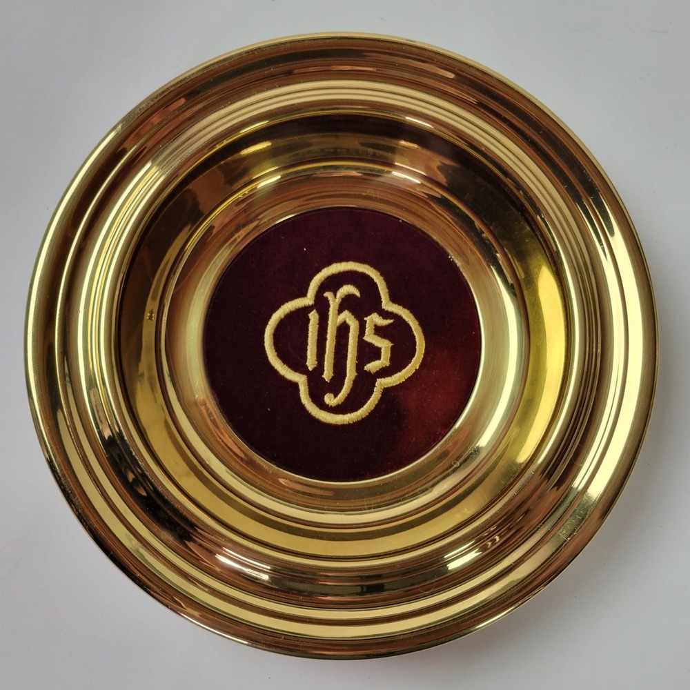 Sudbury SB116 Brass Offering Plate IHS Embroidered Red Velvet Center 12.5"